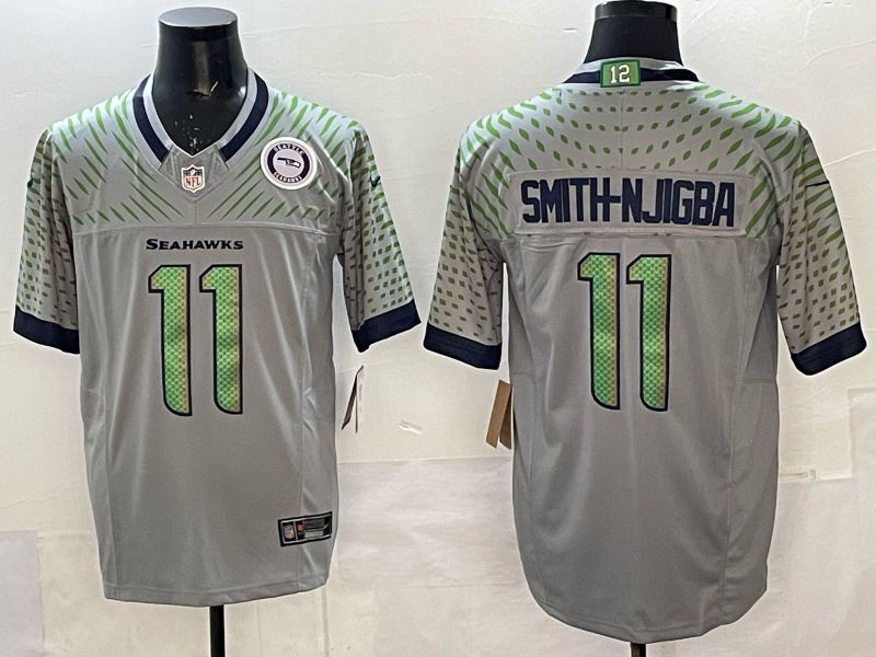 Men 2025 Seattle Seahawks #11 Smith-Njigba grey 5th generation Throwback Nike Limited NFL Jersey style 013